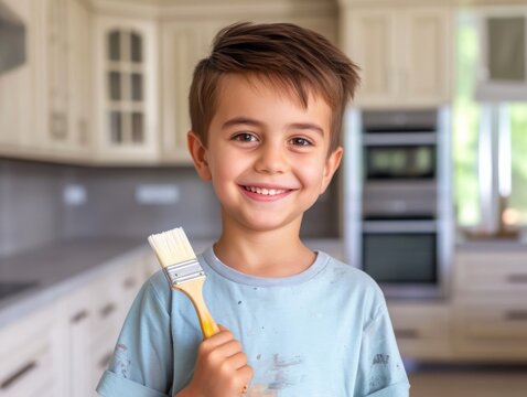 Young Boy Holding a Brush in a Kitchen, Focused on Painting Activity