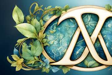 A picture of a flower in the garden green floral ornament 3d medieval and nouveau style alphabet letter collection, letter A I L X O T with flowers and leaves