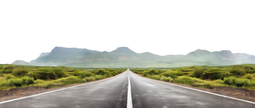 Long stretch of empty road leading towards misty mountains, cut out