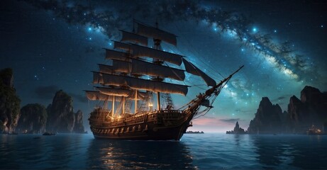 Generate an awe-inspiring 4K ultra image capturing the grandeur of a pirate ship sailing through a bioluminescent ocean beneath a sky adorned with galaxies - obrazy, fototapety, plakaty
