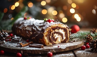 Fototapeta na wymiar christmas log, traditional christmas cake, buche de noel, chocolate, pastry, decorated with christmas themed elements, meal and tradition, light and christmas tree in the background, Generative AI