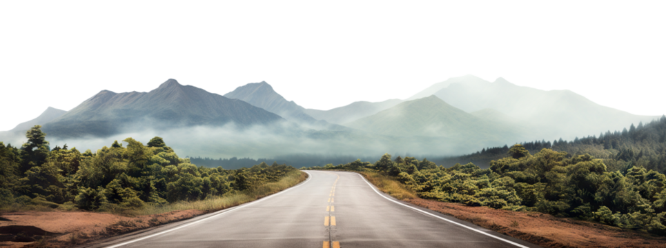 Long stretch of empty road leading towards misty mountains, cut out