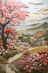 Textured Embroidery of Spring Scenery with Cherry Blossoms