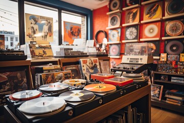 Music store interior with turntables and vinyl records on wooden shelves - obrazy, fototapety, plakaty