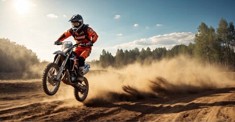 Off-road motocross bike executing a daring mid-air jump with a dirt trail, showcasing an exhilarating motorcycle stunt - obrazy, fototapety, plakaty