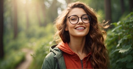 Portrait of a delighted and fulfilled woman, donning eyeglasses, immersed in the enjoyment of nature and outdoor surroundings - obrazy, fototapety, plakaty