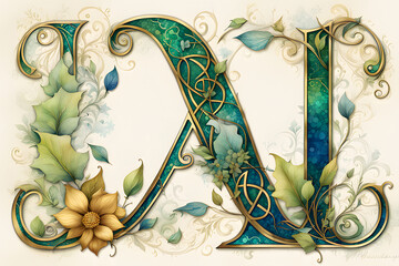 A picture of a flower in the garden green floral ornament 3d medieval and nouveau style alphabet letter collection, letter A I with flowers and leaves