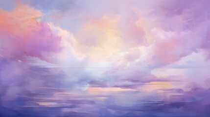 Obraz premium A painting featuring a vivid purple sky adorned with fluffy white clouds. Generative AI.