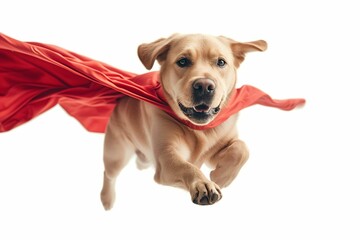A playful Labrador in a red superhero cape hovers on a white background. A funny dog flies with one paw outstretched