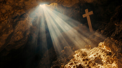 Christian cross, bright rays of the sun on the cross