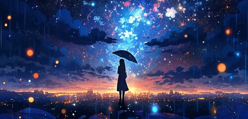 A Captivating Scenic Night Sky with Falling Rain and Umbrella Girl