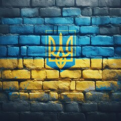 Ukraina flag overlay on old granite brick and cement wall texture for background use - obrazy, fototapety, plakaty