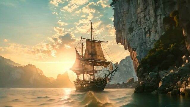 Pirate ship sailing on the ocean. 4k video animation