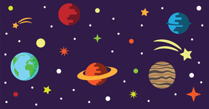 Flat Style Space with Planets and Stars. Science and cosmos exploration concept vector