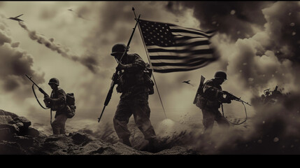 Fototapeta na wymiar US Army Soldiers with Flag, Historic Freedom Fight, Generative AI
