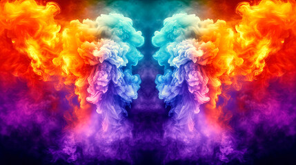 Fototapeta na wymiar Extremely Vibrant Luminous Colored Smoke and Steam Clouds in Symmetrical Arrangement