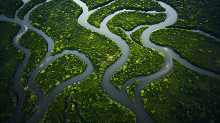 Aerial view of a winding river creating abstract patterns through lush landscapes