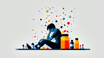 Illustration of a Depressed Desperate Person Dependent on Pills and Medications, Concept of Pill Addiction