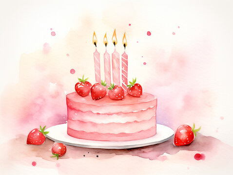 Watercolor birthday cake with candles and strawberry in pink shades