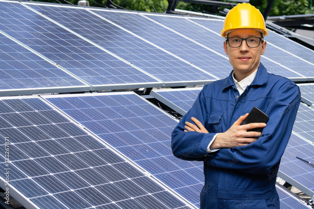 Poster woman with digital tablet on a background of mobile solar power station..