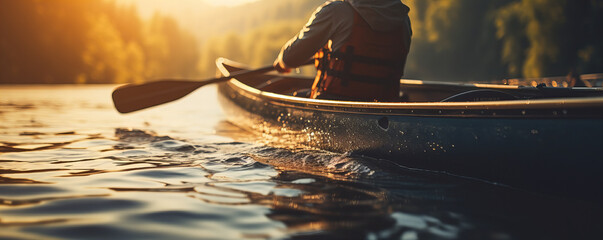 Golden Hour Canoeing: A Serene Journey Through Water and Light - obrazy, fototapety, plakaty