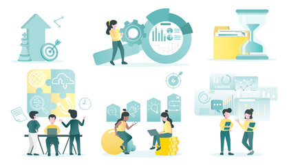 Business ideas collection set. Meeting of business people, discussion, strategy plan, tactical, time management, data analysis, setting goal for successful business. Flat vector design illustration.