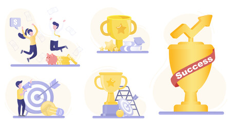 Successful business collection set. Victory, competition, opportunity, creativity, startup, strategy management, tactical plans, goals and targets. Flat vector design illustration.