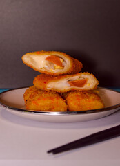 Risol Mayo sosis, Risoles Mayonaise is a traditional Indonesian food it is filled with mayonnaise, boiled egg and sausage.