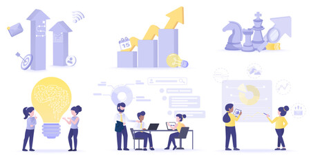 Obraz premium Business ideas collection set. Meeting of business people, discussion, brainstorming, data analysis, creativity, thinking, strategy planning for business growth and success. Flat vector illustration.