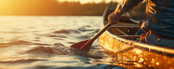 Golden Hour Canoeing: Serene Lake Paddling with Warm Sunset Glow