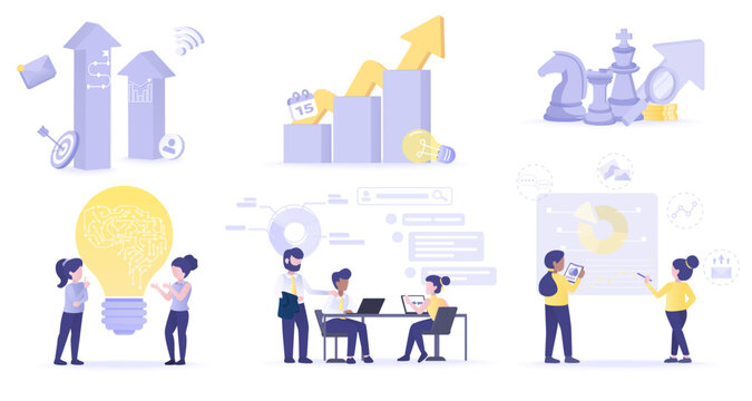 Business ideas collection set. Meeting of business people, discussion, brainstorming, data analysis, creativity, thinking, strategy planning for business growth and success. Flat vector illustration.