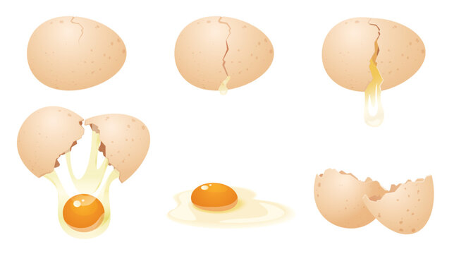 Breaking egg for cooking set, 3D realistic sequence game animation. Animated stages of cracking with eggshell, falling yolk and white of broken egg and empty shells cartoon vector illustration