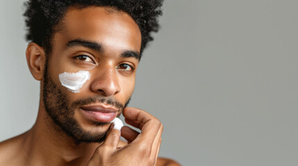 shirtless man applying shaving cream to his face, preparing to shave