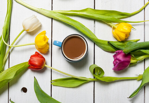 Top view photo of a blue mug of coffee on white vintage table with colourful fresh tulips and a around it