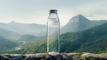 generic mineral glass water bottle in the middle of nature on a rock mockup with mountains background as wide banner with copy space area