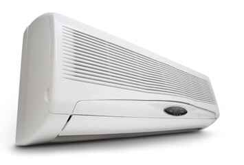 Perspective view of white air conditioner with transparent background. Soft shadow. PNG format to...