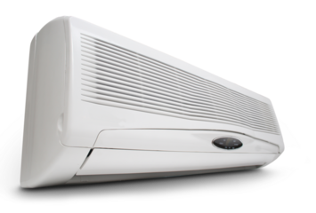 Perspective view of white air conditioner with transparent background. Soft shadow. PNG format to work in layers. Advertising concept.