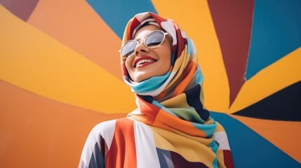 modern colorful stylish outfit photoshoot of a muslim hijab woman in dynamic shot happy and positive for modest trendy arab women fashion as wide banner