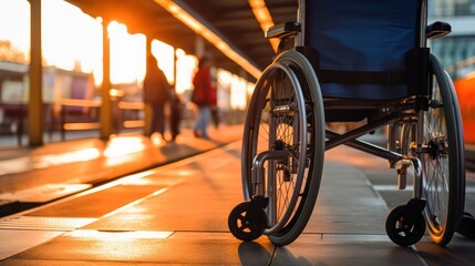 Person in a manual wheelchair waiting at a public transport stop, highlighting urban accessibility and the integration of disability-friendly features in public transportation. low view - obrazy, fototapety, plakaty