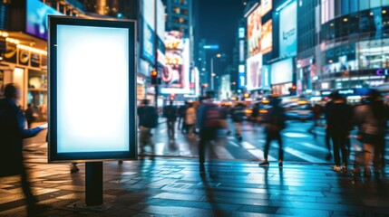 A bright empty billboard stands out in a crowded nocturnal cityscape.
