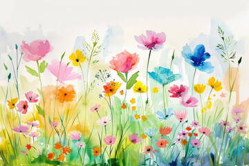 A whimsical watercolor meadow with spring blooms