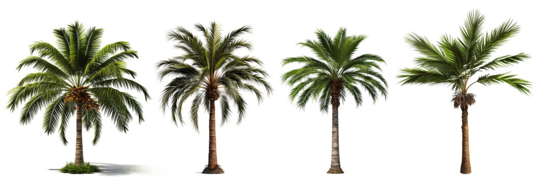 Design element isolated for layout on transparent background. Set of tropical palm trees (сoconut, sugar, аcai, date) 3D realistic jungle plant