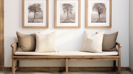 Wooden rustic bench with pillows against wall with two poster frames. Country farmhouse interior design of modern home entryway.