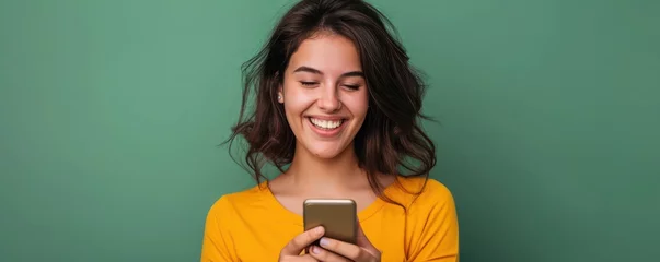 Fotobehang Young adult smiling happy pretty latin woman holding mobile phone looking at camera, doing ecommerce shopping on smartphone, using trendy dating apps on cellphone isolated on green background © Andrey