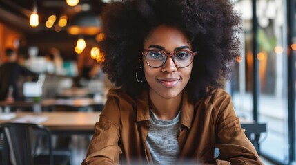 Young African American hipster woman with Afro hair looking at webcam talking to camera with friend online sitting at cafe table making video call - obrazy, fototapety, plakaty