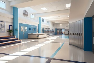 Perspective view of a high school lobby with blue lockers, leading to a fitness gym and a sports club hallway. Generative AI - obrazy, fototapety, plakaty