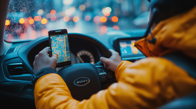 A driver getting directions with a mobile phone application