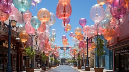 Overhead colorful lanterns floating above a shopping street under a clear blue sky