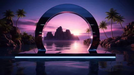 Fotobehang 3d render neon glassmorphism and glow arch frame and Empty podium, reflection in the water, minimal dark background with rock and palm. Blank mockup for product presentation futuristic touch shine. © vita555
