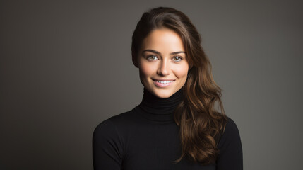 Fototapeta premium Woman with curly hair is smiling and posing confidently with her arms crossed, wearing a black turtleneck against a neutral gray background.